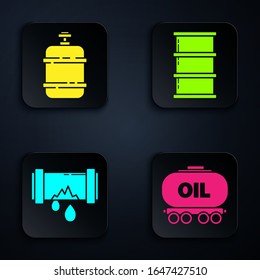 Set Oil railway cistern, Propane gas tank, Broken metal pipe with leaking water and Barrel oil. Black square button. Vector