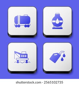 Set Oil railway cistern, tank storage, platform in the sea and Canister motor machine oil icon. White square button. Vector