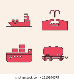 Set Oil railway cistern, Oil tanker ship, Oilfield and Oil tanker ship icon. Vector