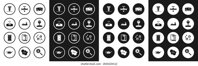 Set Oil Railway Cistern, Tanker Ship, Oilfield, Rotating Drill Digging Hole, Gauge Scale, Broken Pipe With Leaking Water, Molecule Oil And Barrel Icon. Vector