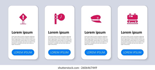 Set Oil railway cistern, Train driver hat, station clock and Exclamation mark square. Business infographic template. Vector