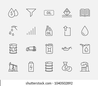 Set of Oil Related Vector Line Icons. Contains such Icons as Fuel Truck, Gas Station, Oil Factory, Transportation and more. Editable Stroke. 32x32 Pixel Perfect.