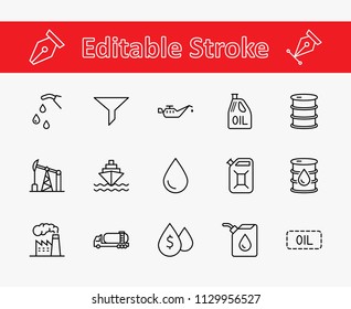 Set of Oil Related Vector Line Icons. Contains such Icons as Fuel Truck, Gas Station, Oil Factory, Transportation and more. Editable Stroke. 32x32 Pixel Perfect.