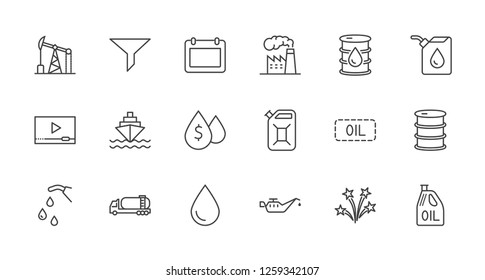 Set of Oil Related Vector Line Icons. Contains such Icons as Fuel Truck, Gas Station, Oil Factory, Transportation and more. Editable Stroke. 32x32 Pixel Perfect.