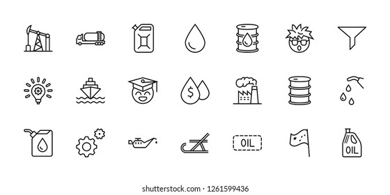 Juego de iconos de la línea del vector relacionados con el aceite. Contiene iconos como Coche de combustible, gasolinera, fábrica de aceite, transporte y más. Trazo editable. 32x32 Pixel Perfecto.