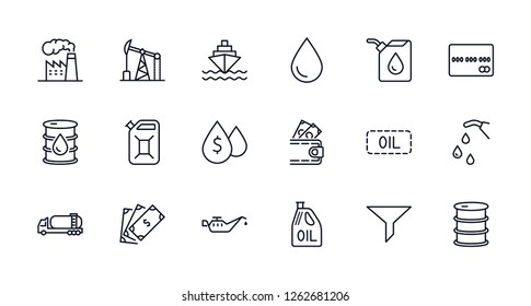 Set of Oil Related Vector Line Icons. Contains such Icons as Fuel Truck, Gas Station, Oil Factory, Transportation and more. Editable Stroke. 32x32 Pixel Perfect.