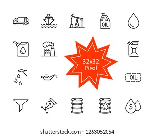 Set of Oil Related Vector Line Icons. Contains such Icons as Fuel Truck, Gas Station, Oil Factory, Transportation and more. Editable Stroke. 32x32 Pixel Perfect.