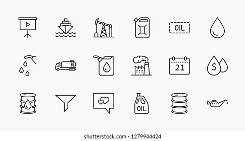 Set of Oil Related Vector Line Icons. Contains such Icons as Fuel Truck, Gas Station, Oil Factory, Transportation and more. Editable Stroke. 32x32 Pixel Perfect.
