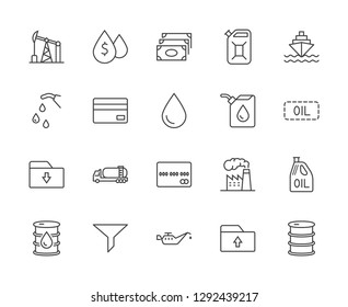 Set of Oil Related Vector Line Icons. Contains such Icons as Fuel Truck, Gas Station, Oil Factory, Transportation and more. Editable Stroke. 32x32 Pixel Perfect.