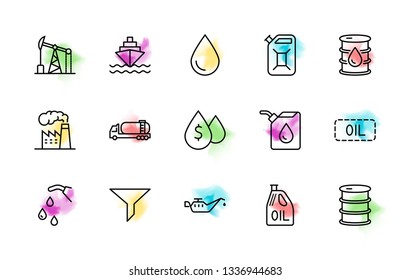 Set of Oil Related Vector Line Icons. Contains such Icons as Fuel Truck, Gas Station, Oil Factory, Transportation and more. Editable Stroke. 32x32 Pixel Perfect.