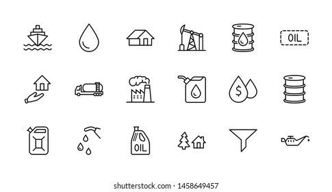 Set of Oil Related Vector Line Icons. Contains such Icons as Fuel Truck, Gas Station, Oil Factory, Transportation and more. Editable Stroke. 32x32 Pixel Perfect.