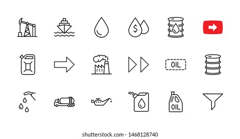 Set of Oil Related Vector Line Icons. Contains such Icons as Fuel Truck, Gas Station, Oil Factory, Transportation and more. Editable Stroke. 32x32 Pixel Perfect.