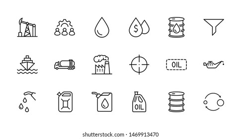 Set of Oil Related Vector Line Icons. Contains such Icons as Fuel Truck, Gas Station, Oil Factory, Transportation and more. Editable Stroke. 32x32 Pixel Perfect.