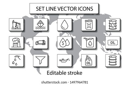 Set of Oil Related Vector Line Icons. Contains such Icons as Fuel Truck, Gas Station, Oil Factory, Transportation and more. Editable Stroke. 32x32 Pixel Perfect.