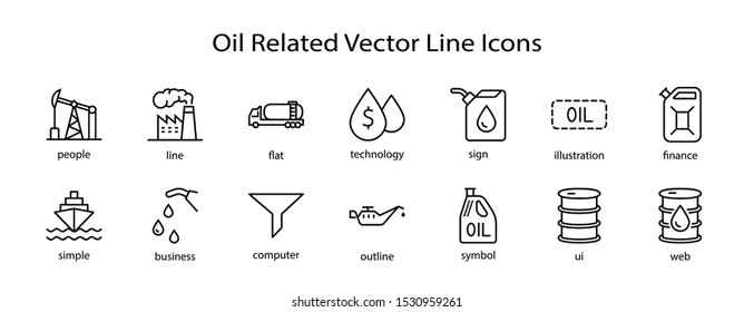Set of Oil Related Vector Line Icons. Contains such Icons as Fuel Truck, Gas Station, Oil Factory, Transportation and more. Editable Stroke. 32x32 Pixel Perfect.