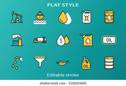 Set of Oil Related Vector Line Icons. Contains such Icons as Fuel Truck, Gas Station, Oil Factory, Transportation and more. Editable Stroke. 32x32 Pixel Perfect.