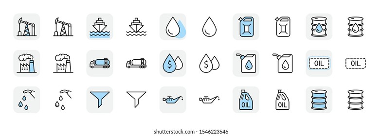 Set of Oil Related Vector Line Icons. Contains such Icons as Fuel Truck, Gas Station, Oil Factory, Transportation and more. Editable Stroke. 32x32 Pixel Perfect.