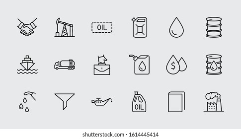 Set of Oil Related Vector Line Icons. Contains such Icons as Fuel Truck, Gas Station, Oil Factory, Transportation and more. Editable Stroke. 32x32 Pixel Perfect.