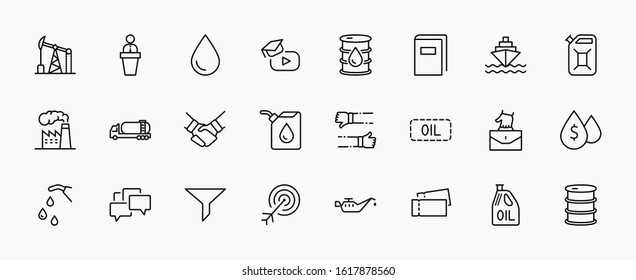 Set of Oil Related Vector Line Icons. Contains such Icons as Fuel Truck, Gas Station, Oil Factory, Transportation and more. Editable Stroke. 32x32 Pixel Perfect.