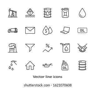 Set of Oil Related Vector Line Icons. Contains such Icons as Fuel Truck, Gas Station, Oil Factory, Transportation and more. Editable Stroke. 32x32 Pixels