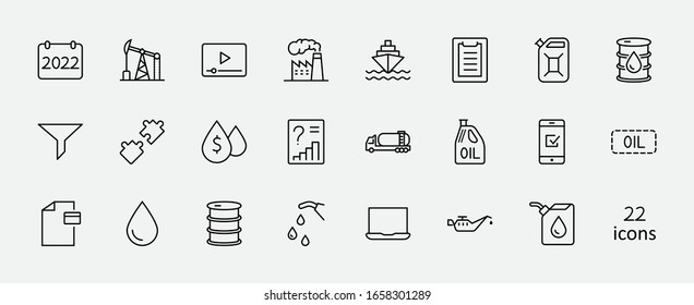 Set of Oil Related Vector Line Icons. Contains such Icons as Fuel Truck, Gas Station, Oil Factory, Transportation and more. Editable Stroke. 32x32 Pixels