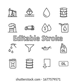 Set of Oil Related Vector Line Icons. Contains such Icons as Fuel Truck, Gas Station, Oil Factory, Transportation and more. Editable Stroke. 32x32 Pixels