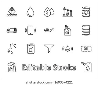 Set of Oil Related Vector Line Icons. Contains such Icons as Fuel Truck, Gas Station, Oil Factory, Transportation and more. Editable Stroke. 32x32 Pixels