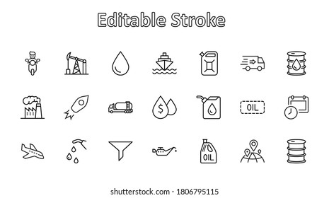 Set of Oil Related Vector Line Icons. Contains such Icons as Fuel Truck, Gas Station, Oil Factory, Transportation and more. Editable Stroke. 32x32 Pixels