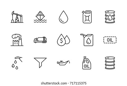 Set of Oil Related Vector Line Icons. Contains such Icons as Fuel Truck, Gas Station, Oil Factory, Transportation and more. Editable Stroke. 32x32 Pixel Perfect.