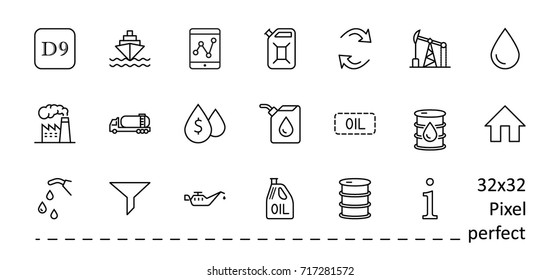 Set of Oil Related Vector Line Icons. Contains such Icons as Fuel Truck, Gas Station, Oil Factory, Transportation and more. Editable Stroke. 32x32 Pixel Perfect.
