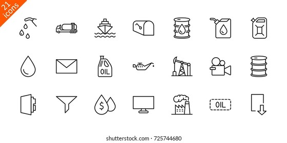 Set of Oil Related Vector Line Icons. Contains such Icons as Fuel Truck, Gas Station, Oil Factory, Transportation and more. Editable Stroke. 