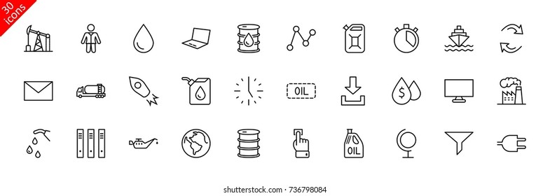 Set of Oil Related Vector Line Icons. Contains such Icons as Fuel Truck, Gas Station, Oil Factory, Transportation and more. Editable Stroke. 32x32 Pixel Perfect.