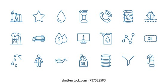 Set of Oil Related Vector Line Icons. Contains such Icons as Fuel Truck, Gas Station, Oil Factory, Transportation and more. Editable Stroke. 32x32 Pixel Perfect.