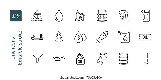Set of Oil Related Vector Line Icons. Contains such Icons as Fuel Truck, Gas Station, Oil Factory, Transportation and more. Editable Stroke. 32x32 Pixel Perfect.