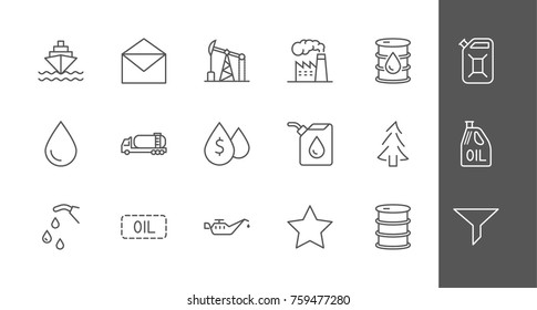 Set of Oil Related Vector Line Icons. Contains such Icons as Fuel Truck, Gas Station, Oil Factory, Transportation and more. Editable Stroke. 32x32 Pixel Perfect.