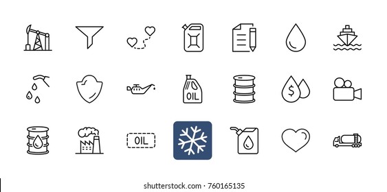 Set of Oil Related Vector Line Icons. Contains such Icons as Fuel Truck, Gas Station, Oil Factory, Transportation and more. Editable Stroke. 32x32 Pixel Perfect.