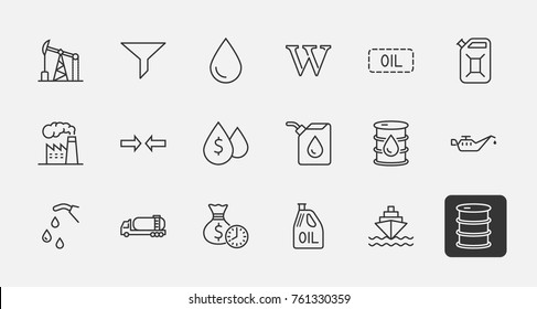 Set of Oil Related Vector Line Icons. Contains such Icons as Fuel Truck, Gas Station, Oil Factory, Transportation and more. Editable Stroke. 32x32 Pixel Perfect.