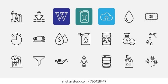 Set of Oil Related Vector Line Icons. Contains such Icons as Fuel Truck, Gas Station, Oil Factory, Transportation and more. Editable Stroke. 32x32 Pixel Perfect.
