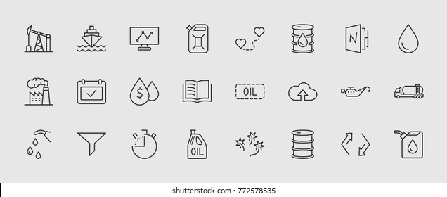 Set of Oil Related Vector Line Icons. Contains such Icons as Fuel Truck, Gas Station, Oil Factory, Transportation and more. Editable Stroke. 32x32 Pixel Perfect.