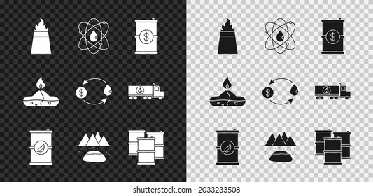 Ponga la plataforma petrolífera con fuego, Atom, dólar de barril, barril de combustible Bio, yacimiento petrolífero, quemador de alcohol o alcohol e icono de intercambio. Vector