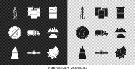 Set Oil rig with fire, Barrel oil, leak, Industry pipes and valve, industrial factory building, No drop and Tanker truck icon. Vector