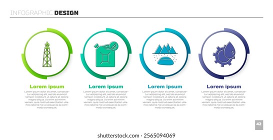 Set Oil rig with fire, Bio fuel canister, Oilfield and Oil industrial factory building. Business infographic template. Vector