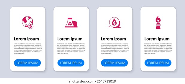 Definir plataforma de petróleo com fogo, símbolo de queda de dólar, usina nuclear e . Modelo de infográfico comercial. Vetor