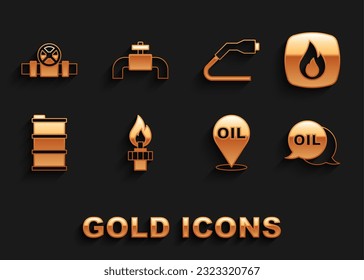 Set Oil rig with fire, Fire flame, Word oil, Refill petrol fuel location, Barrel, Electrical cable plug charging, Metallic pipes and valve and  icon. Vector