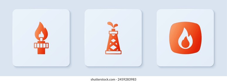 Set Oil rig, with fire and Fire flame. White square button. Vector