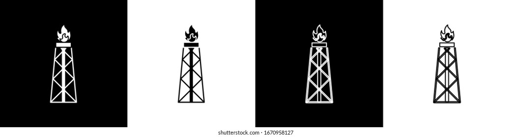 Rigg Öl mit Feuersymbol einzeln auf schwarz-weißem Hintergrund. Gasturm. Gewerbliches Objekt. Vektorillustration-Illustration