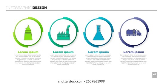 Set Oil rig with fire, Oil industrial factory building, Oil petrol test tube and Tanker truck. Business infographic template. Vector