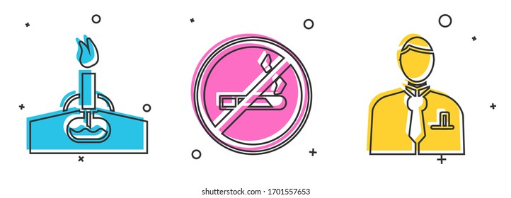 Set Oil rig with fire, No Smoking and Businessman or stock market trader icon. Vector