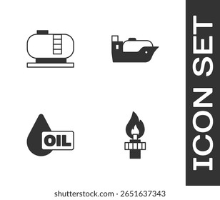 Set Oil rig with fire, tank storage, drop and tanker ship icon. Vector