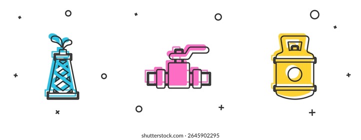 Set Oil rig, Metallic pipes and valve and Propane gas tank icon. Vector